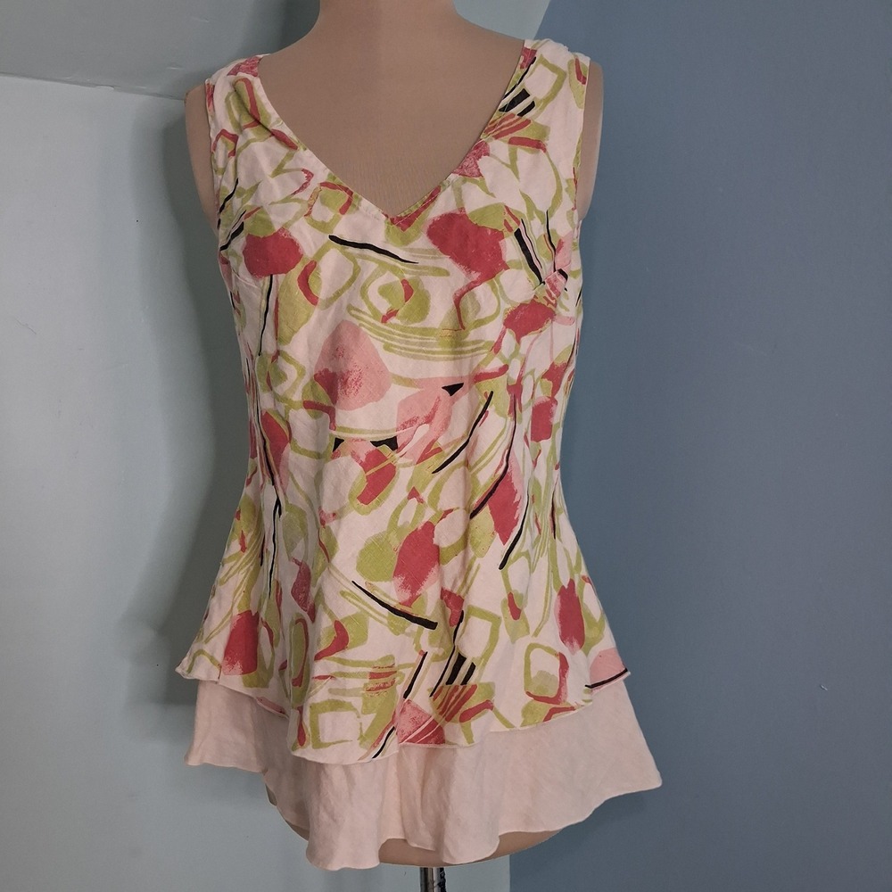 Click by Color Me Cotton Linen Abstract Floral V-Neck Layered Tank Top Pink M